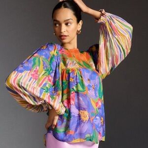 Anthropologie Bl-nk Miranda Peasant Blouse Multi Color Floral Boho Size Small